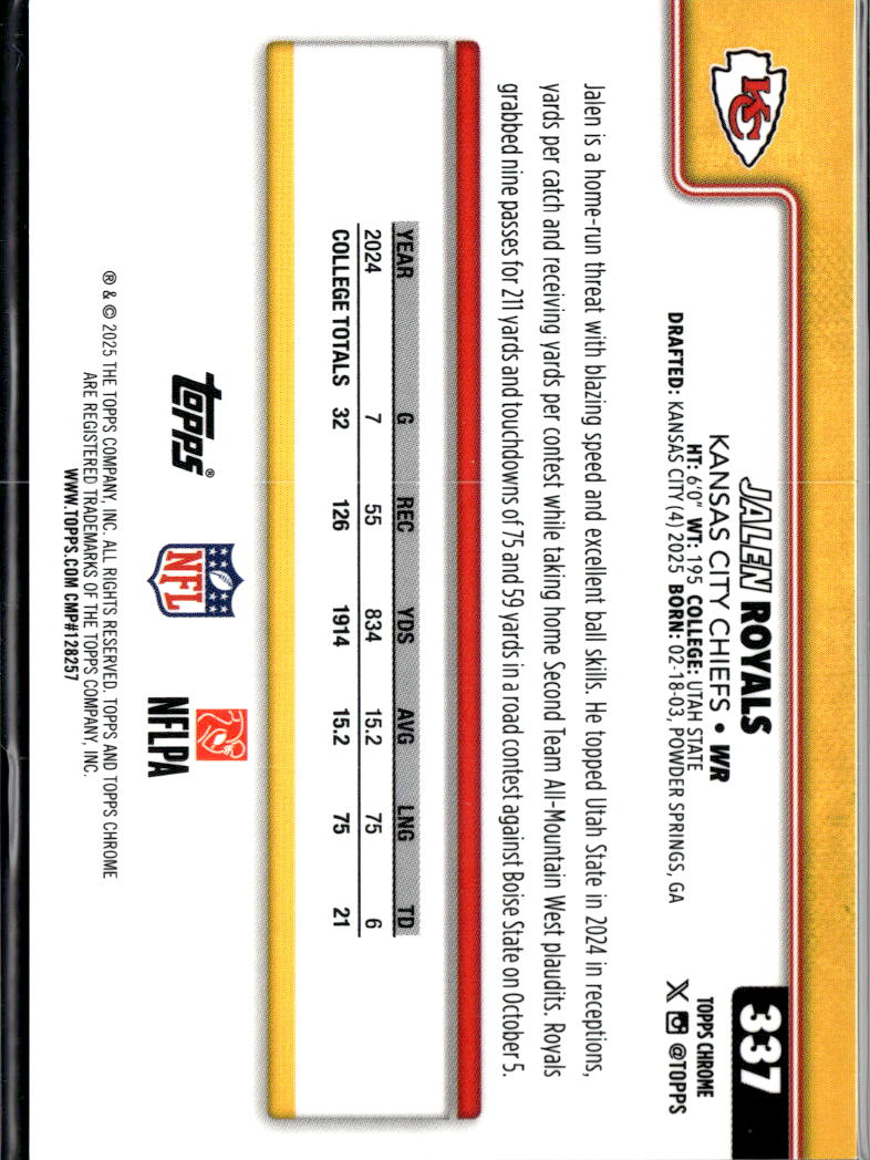 Jalen Royals 2025 Topps Chrome Gold Wave Refractor RC 14/50 Kansas City Chiefs