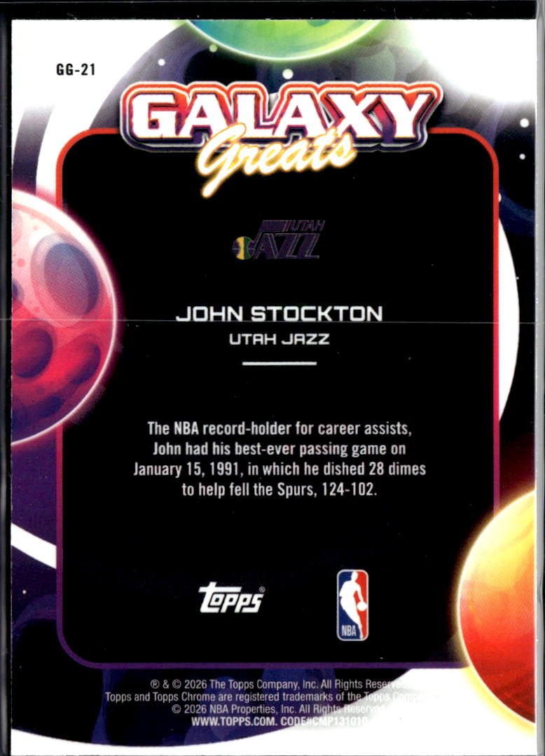 John Stockton 2025-26 Topps Chrome Galaxy Greats Green Refractor Utah Jazz 65/75