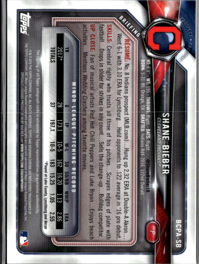 Shane Bieber 2018 Bowman Chrome Auto Autograph RC Cleveland Indians