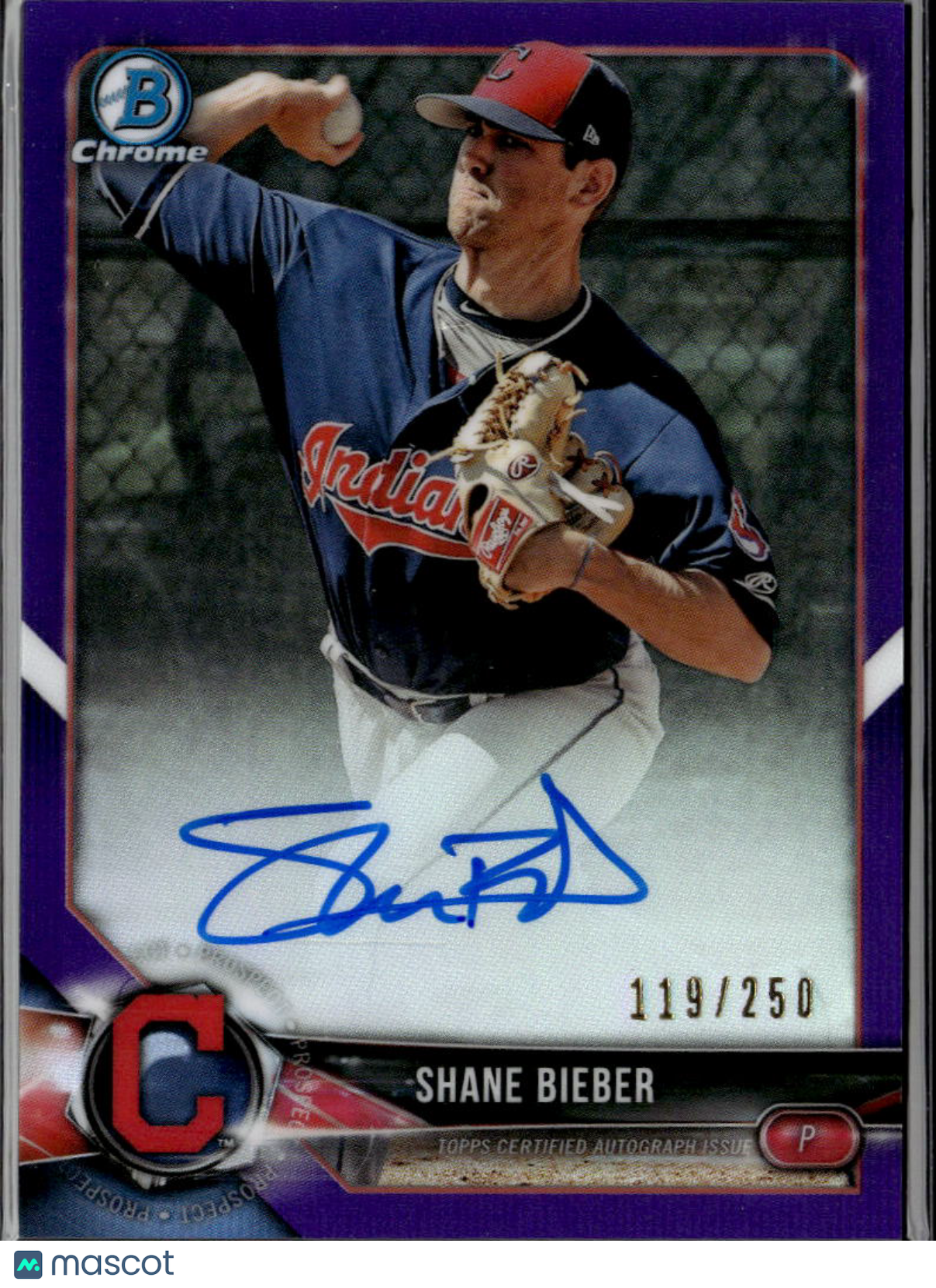 Shane Bieber 2018 Bowman Chrome Auto Autograph Purple Refractor 119/250 Indians