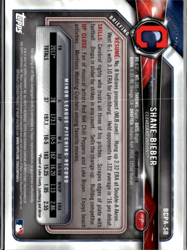 Shane Bieber 2018 Bowman Chrome Auto Autograph Purple Refractor 119/250 Indians