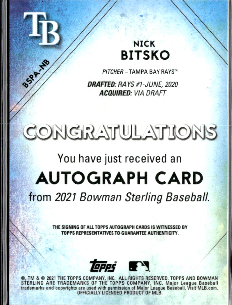Nick Bitsko 2021 Bowman Sterling Auto Autograph SUPERFRACTOR 1/1 Tampa Bay Rays
