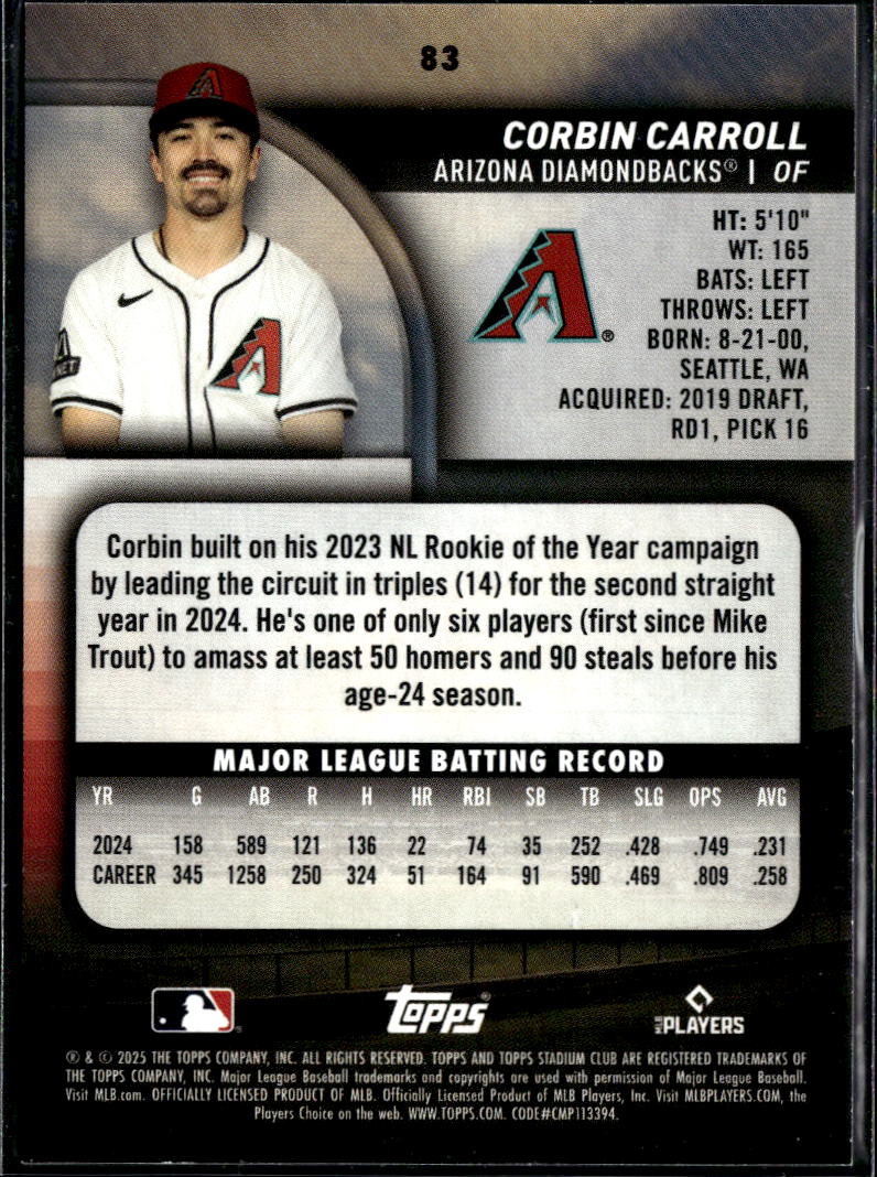 Corbin Carroll 2025 Topps Stadium Club Black and White SSP Arizona Diamondbacks