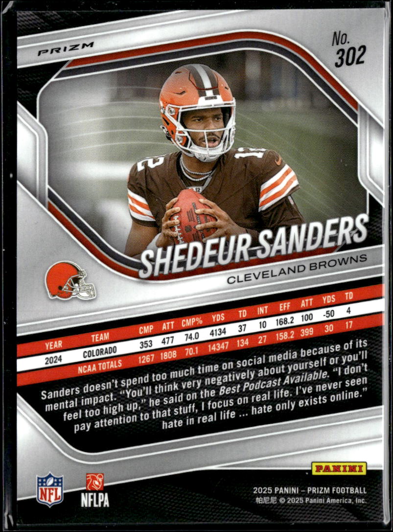 Shedeur Sanders 2025 Panini Prizm Silver Prizm Rookie RC #302 Cleveland Browns