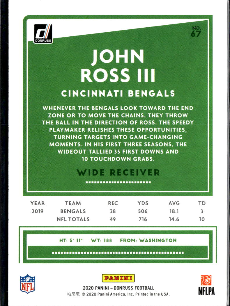 John Ross III 2020 Donruss Jersey Number Orange 3/15 Cincinnati Bengals