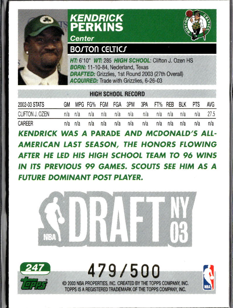 Kendrick Perkins 2003-04 Topps Black Rookie RC 479/500 Boston Celtics