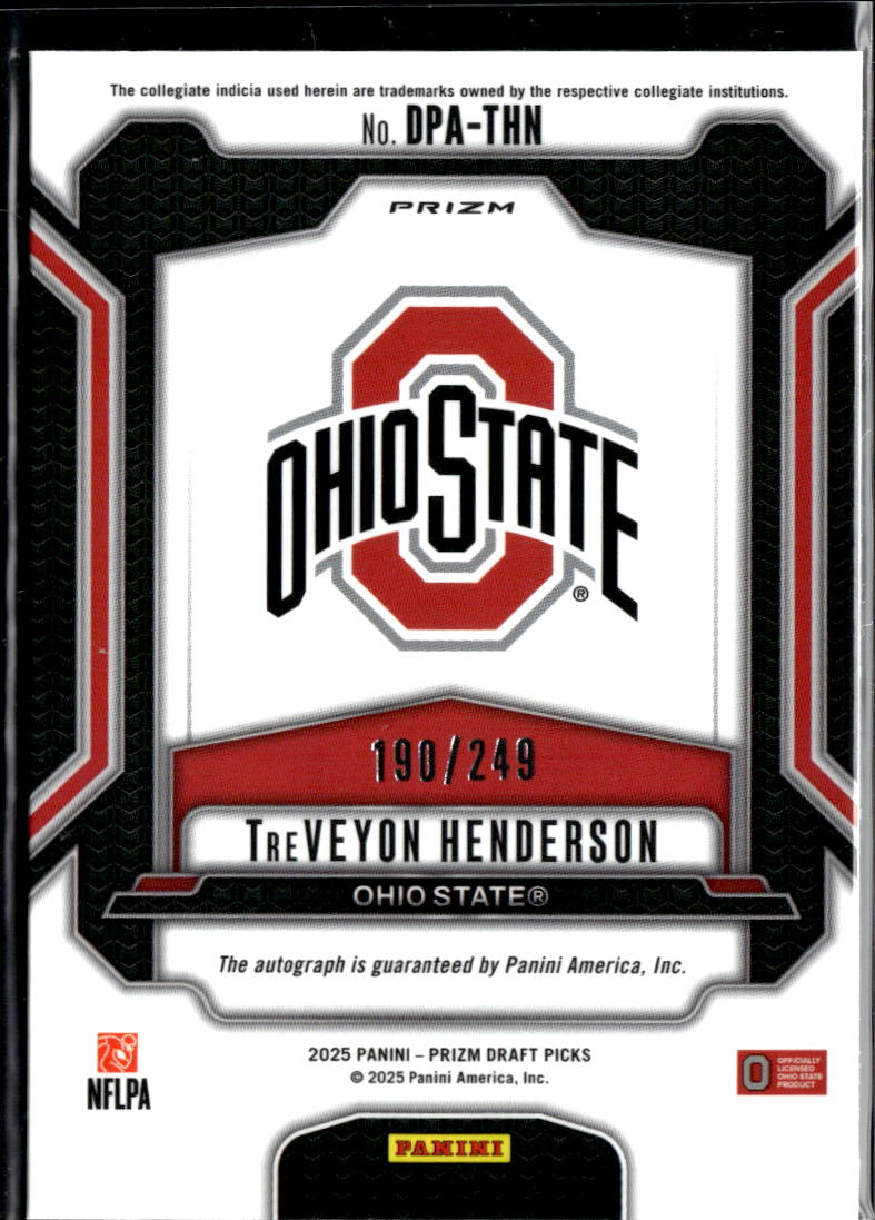 TreVeyon Henderson 2025 Prizm Draft Auto Autograph RC Blue Ohio State 190/249