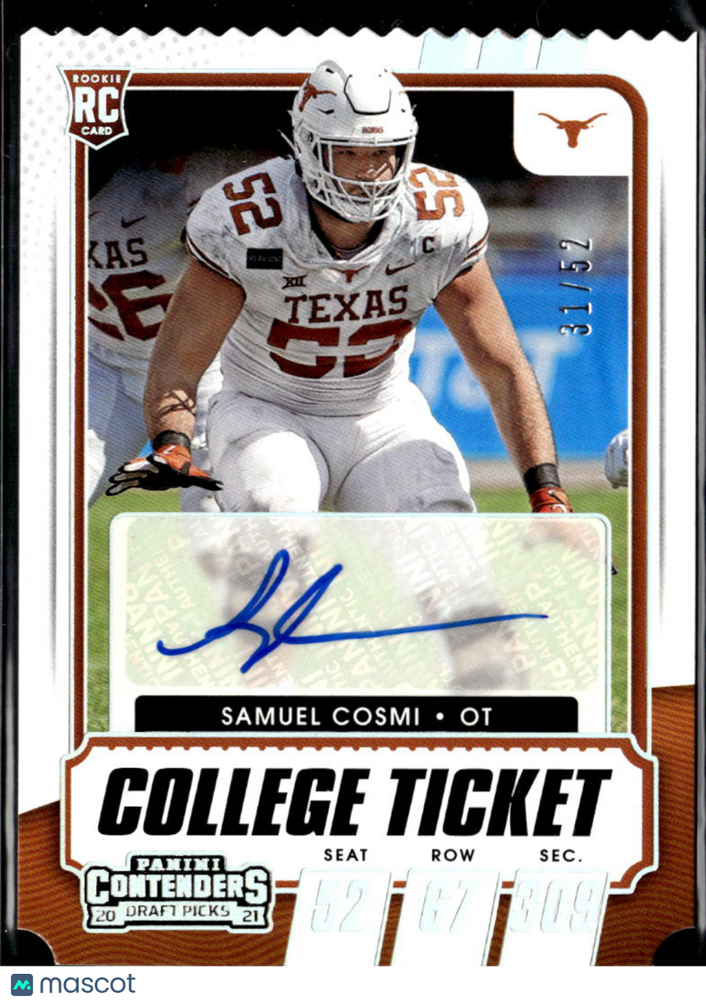 Samuel Cosmi 2021 Contenders Ticket Stub Auto Autograph RC 31/52 Texas Longhorns