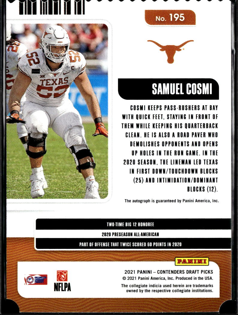 Samuel Cosmi 2021 Contenders Ticket Stub Auto Autograph RC 31/52 Texas Longhorns