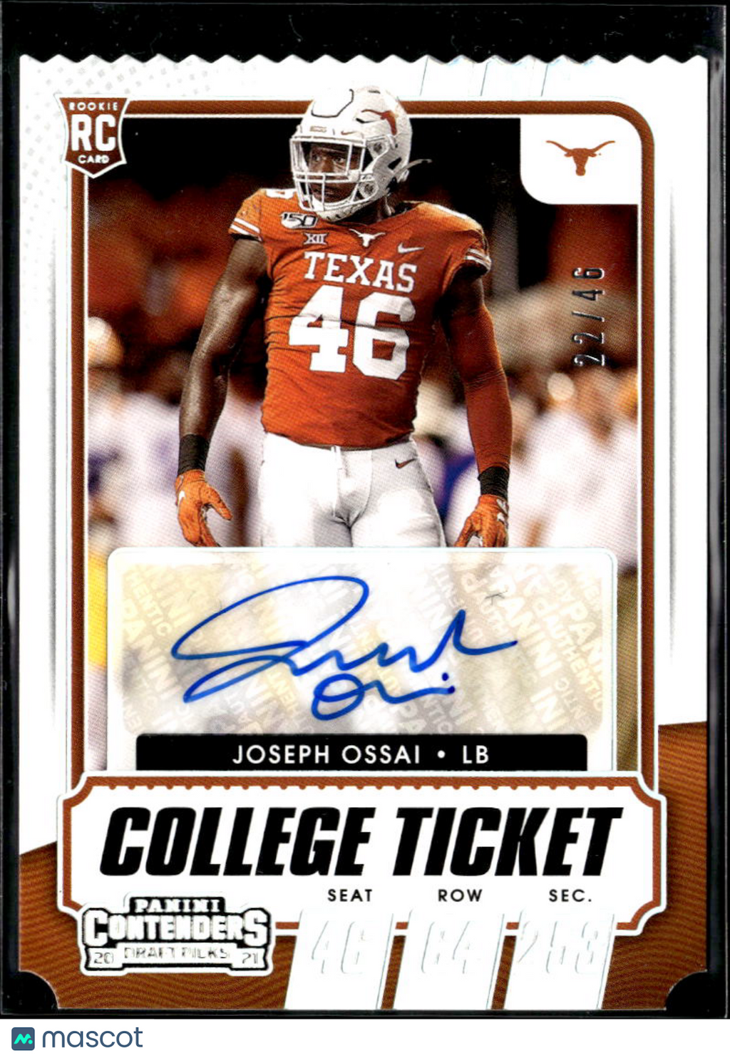 Joseph Ossai 2021 Contenders Ticket Stub Auto Autograph RC 22/46 Texas Longhorns