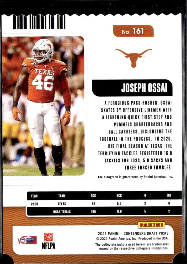 Joseph Ossai 2021 Contenders Ticket Stub Auto Autograph RC 22/46 Texas Longhorns