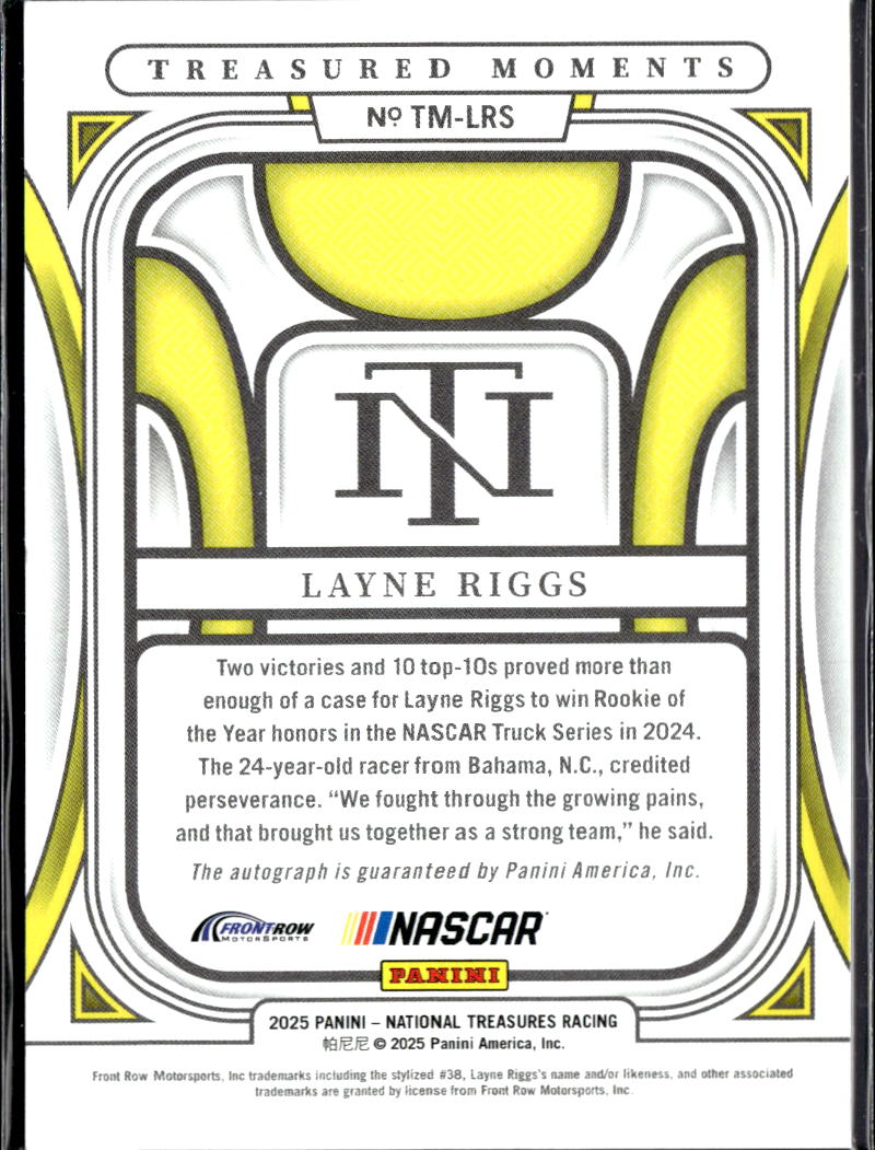 Layne Riggs 2025 National Treasures Racing Auto Autograph Moments 5/25