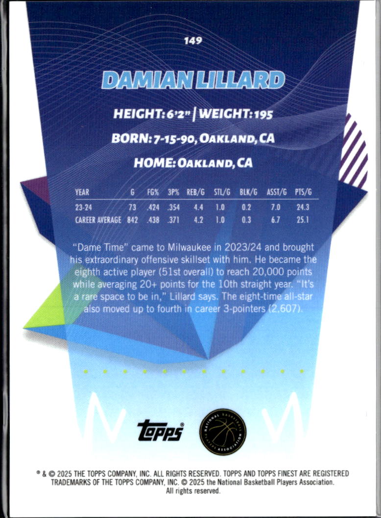 Damian Lillard 2024-25 Topps Finest Gold Refractor 19/25 Milwaukee Bucks