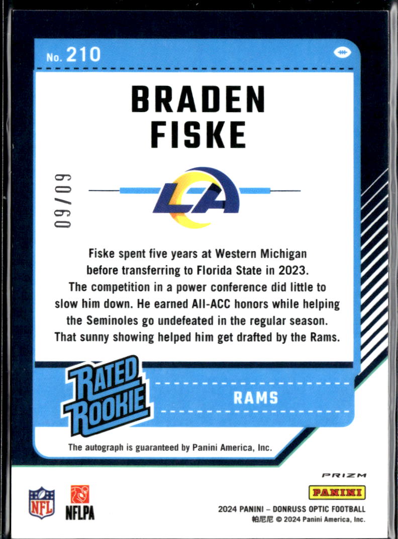Braden Fiske 2024 Optic Auto Autograph Rated Rookie BLack GOLD 9/9 LA Rams