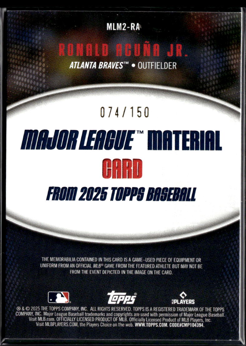 Ronald Acuña Jr. 2025 Topps Game Worn Jersey Patch Blue 74/150 Atlanta Braves