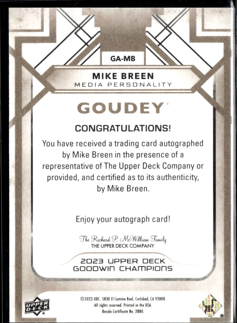 Mike Breen 2023 Upper Deck Goodwin Goudey Autograph Auto New York Knicks