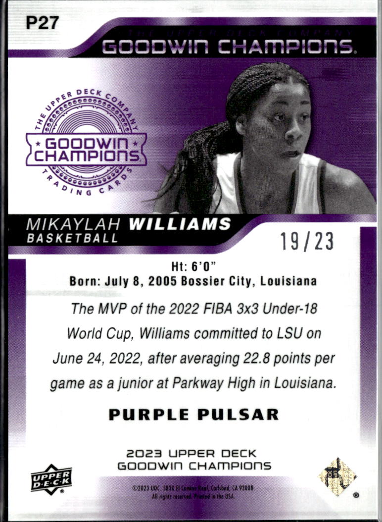 Mikaylah Williams 2023 Upper Deck Goodwin Champions Purple Pulsar /23 LSU Tigers