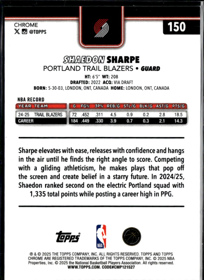 Shaedon Sharpe 2025-26 Topps Chrome GOLD Refractor 43/50 Portland Trail Blazers