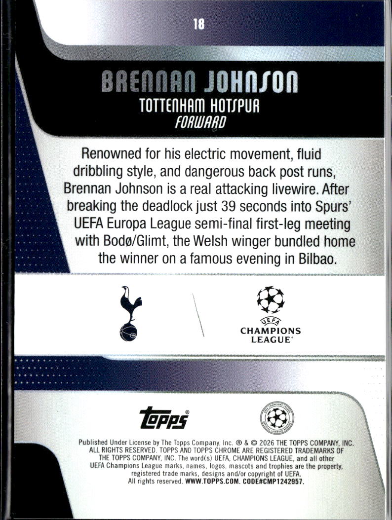 Brennan Johnson 2026 Topps Chrome UEFA GOLD Refractor 13/50 Tottenham Hotspur