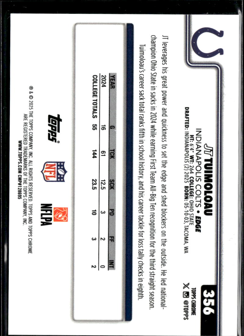 JT Tuimoloau 2025 Topps Chrome RC /50 Indianapolis Colts