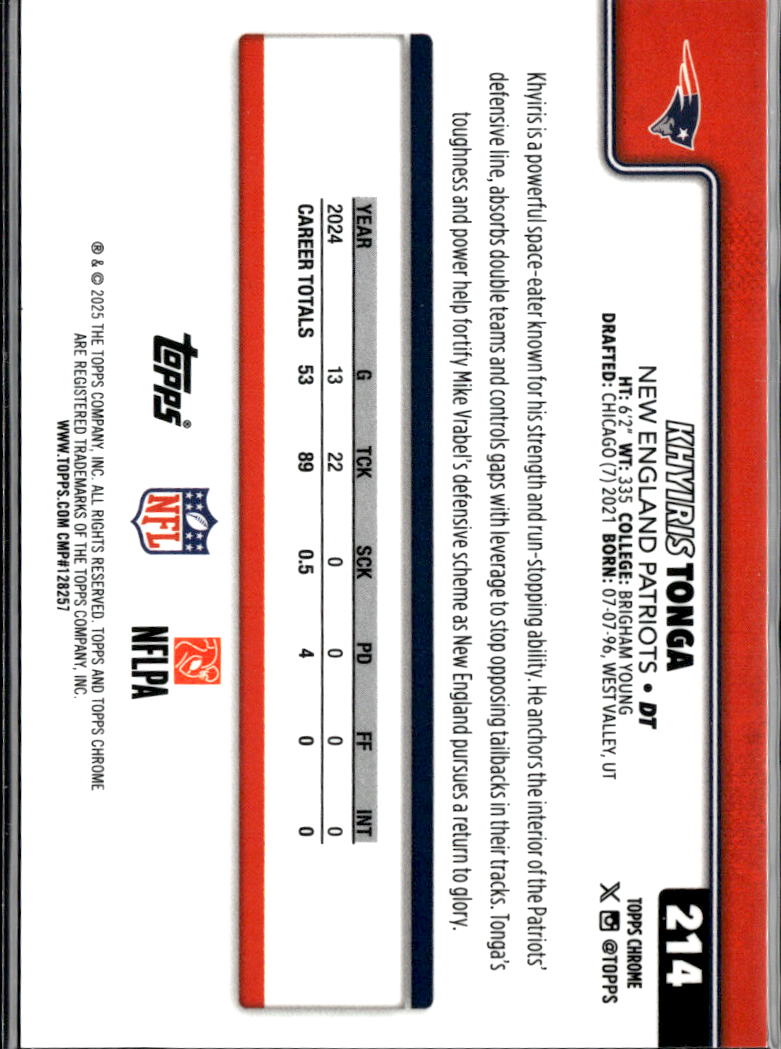 Khyiris Tonga 2025 Topps Chrome Black Refractor 2/10 New England Patriots
