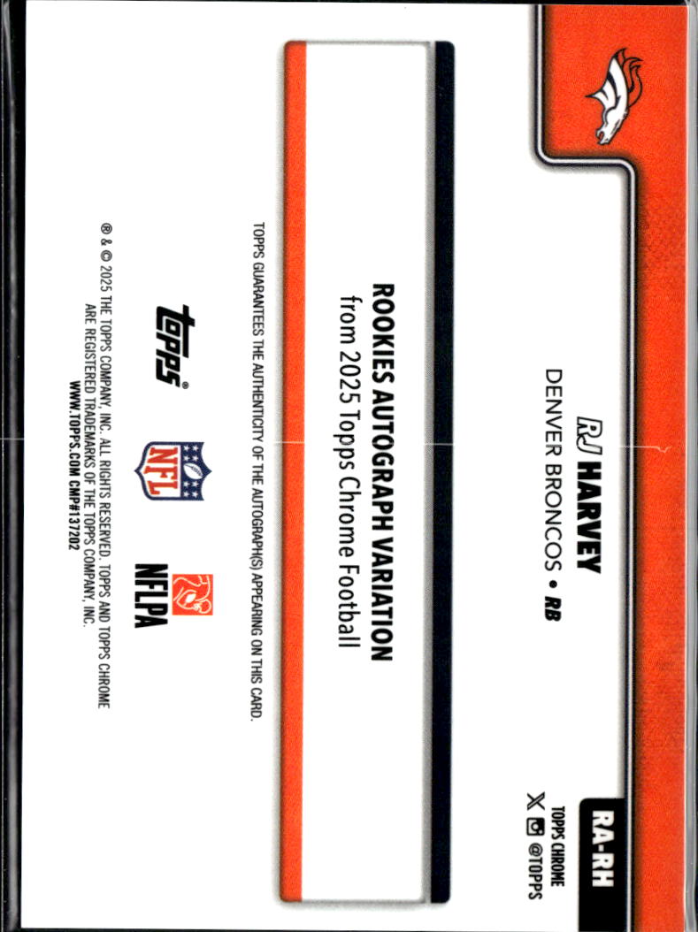 RJ Harvey 2025 Topps Chrome Auto Autograph RC Green 31/99 Denver Broncos