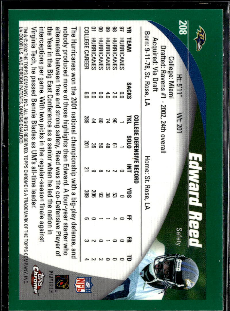 Edward Ed Reed 2002 Topps Chrome REFRACTOR Rookie RC #208 Baltimore Ravens