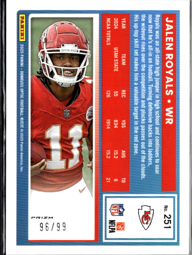 Jalen Royals 2025 Optic Rated Rookie Pink Velocity Prizm /99 Kansas City Chiefs