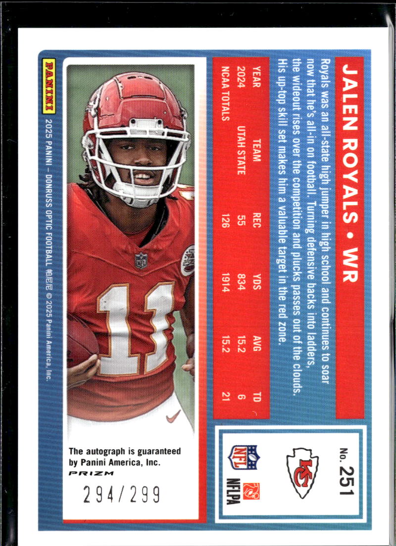 Jalen Royals 2025 Optic Rated Rookie Auto Autograph RC /299 Kansas City Chiefs