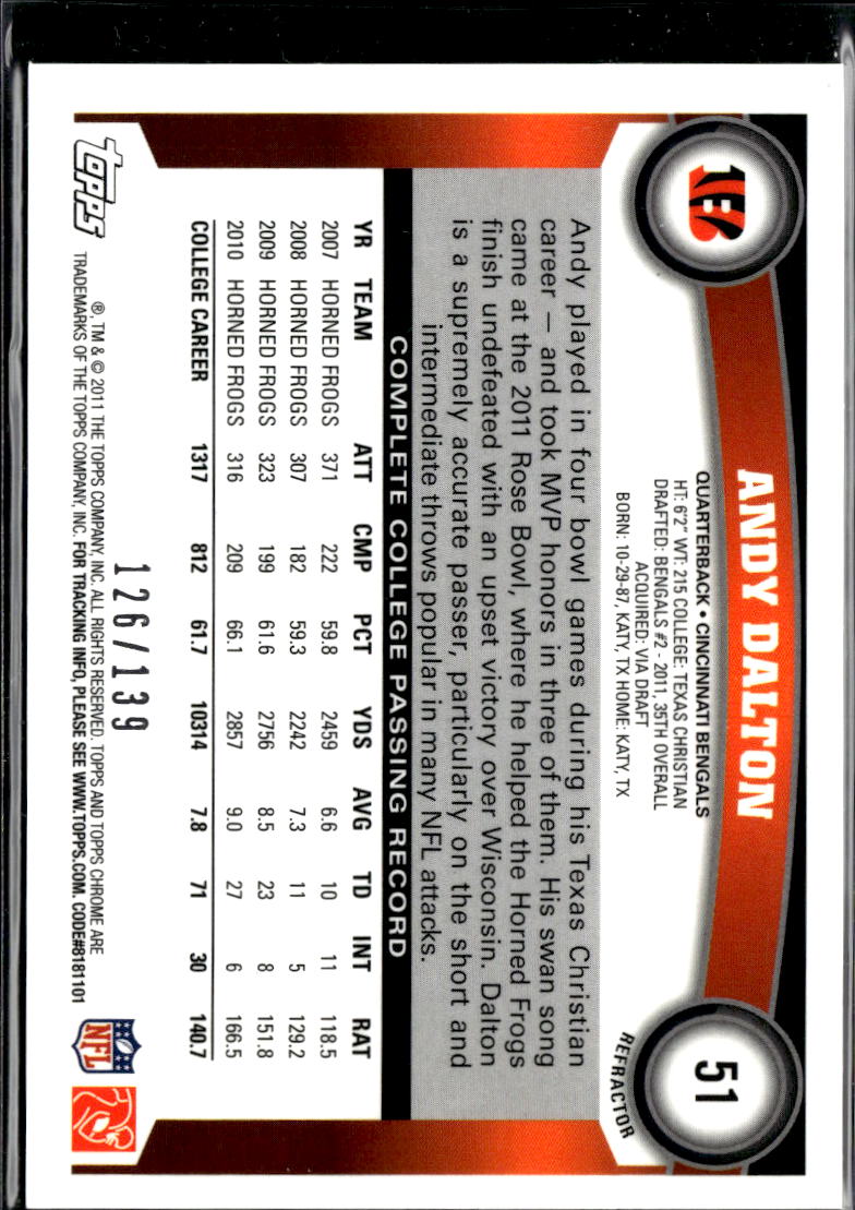 Andy Dalton 2011 Topps Chrome Atomic Refractor Rookie 126/139 Cincinnati Bengals