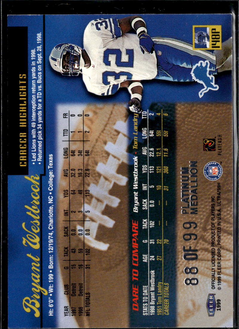 Bryant Westbrook 1999 Fleer Ultra Platinum Medallion 88/99 Detroit Lions