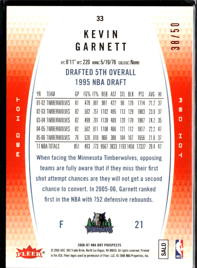 Kevin Garnett 2006-07 Fleer Hot Prospects Red Hot 38/50 Minnesota Timberwolves