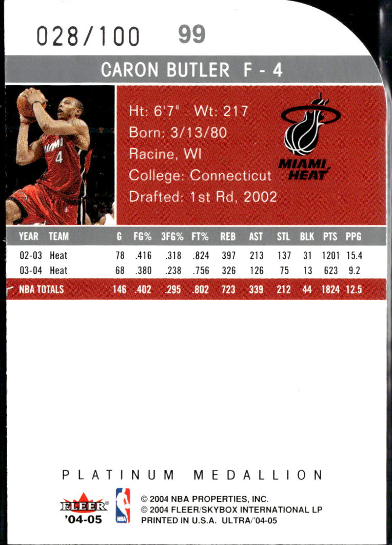 Caron Butler 2004-05 Fleer Ultra Platinum Medallion 28/100 Miami Heat