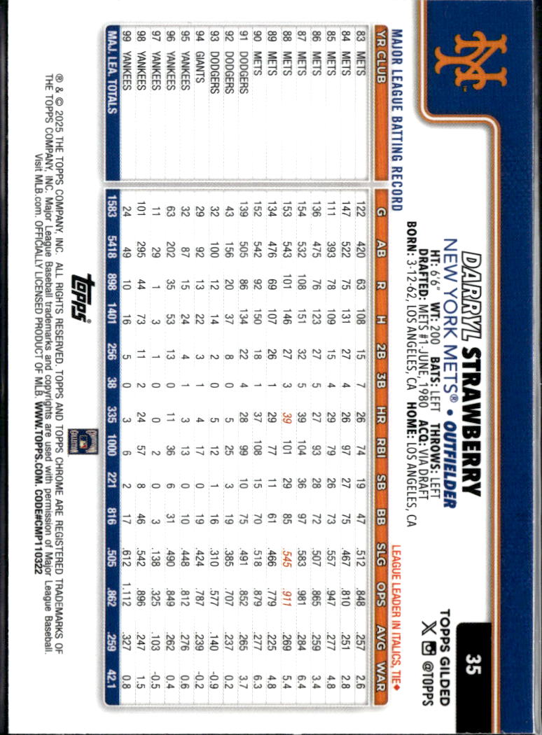 Darryl Strawberry 2025 Topps Chrome Gilded Collection Gold Refractor 28/75 Mets