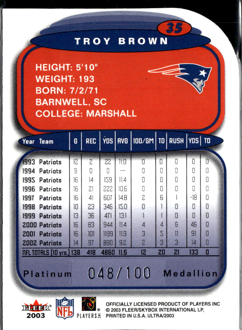 Troy Brown 2003 Fleer Ultra Platinum Medallion 48/100 New England Patriots