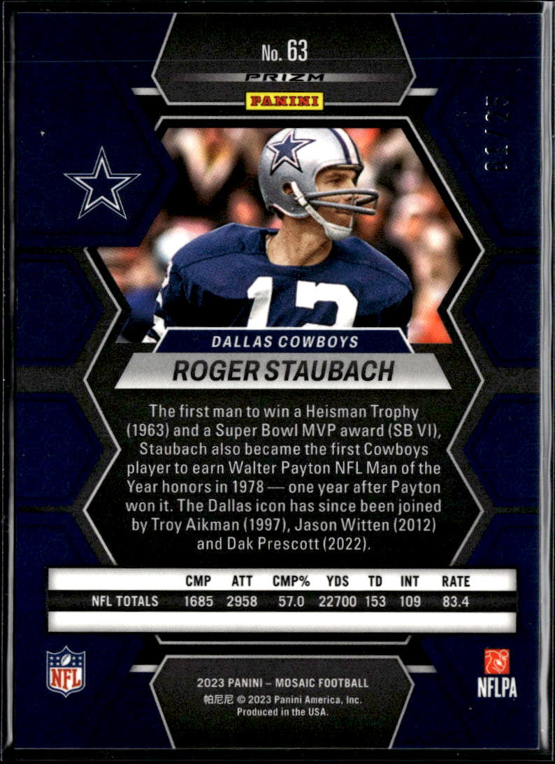Roger Staubach 2023 Mosaic Orange Fluorescent Prizm 1/25 Dallas Cowboys