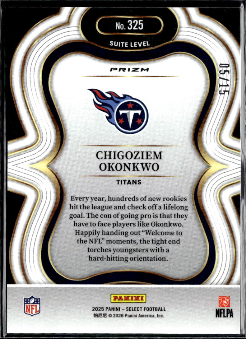 Chigoziem Okonkwo 2025 Select Prizm Suite Level Pink Glitter 5/15 Titans