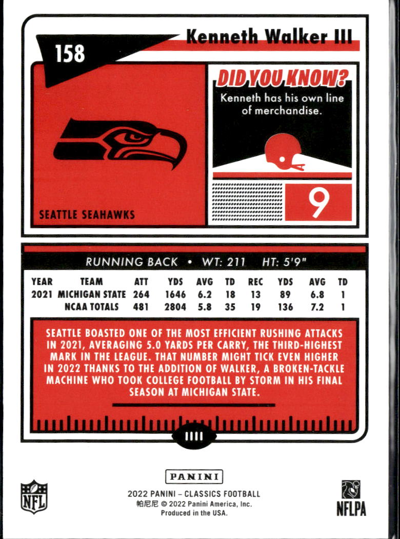 Kenneth Walker III 2022 Classics Red Back Rookie RC 43/99 Seattle Seahawks