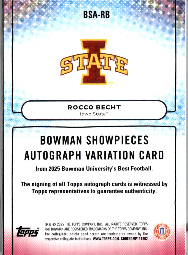 Rocco Becht 2025 Bowman Chrome Showpieces Auto Autograph Iowa State Cyclones