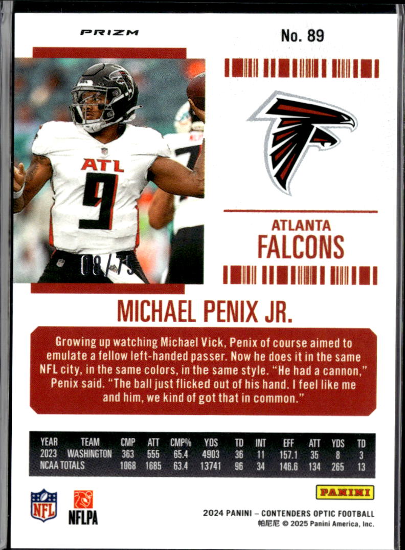 Michael Penix Jr. 2024 Contenders Optic Orange Prizm Rookie RC 8/75 Falcons