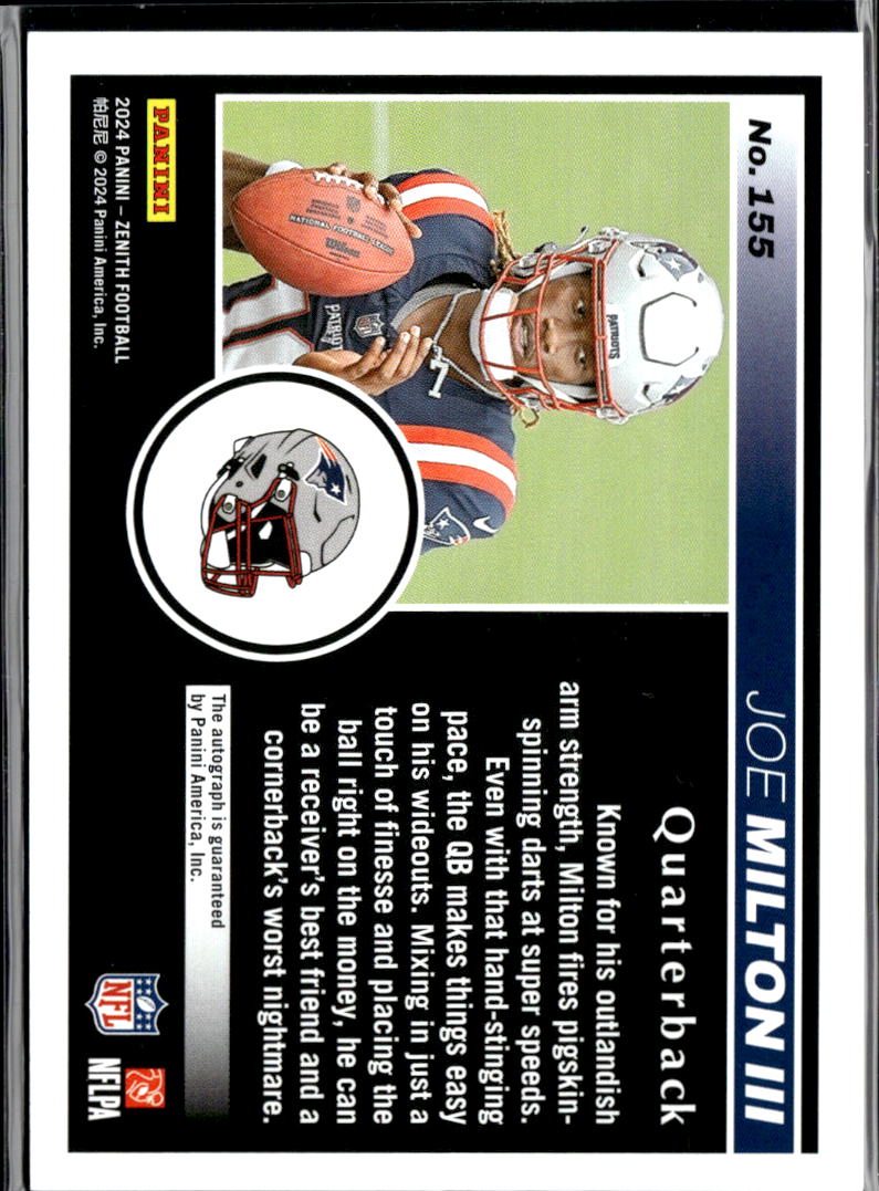 Joe Milton III 2024 Zenith Auto Autograph RC 65/99 New England Patriots