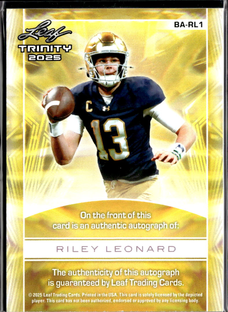 Riley Leonard 2025 Leaf Trinity Auto Autograph RC Rookie Notre Dame 3/7