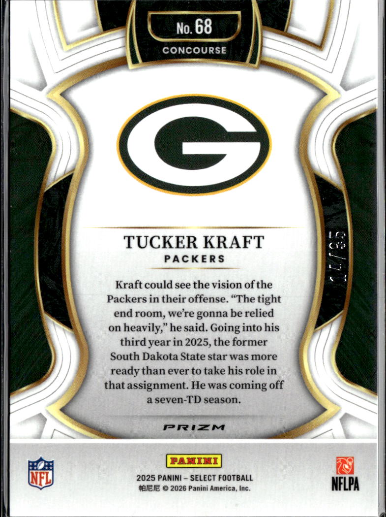 Tucker Kraft 2025 Select Concourse White Prizm 14/35 Green Bay Packers