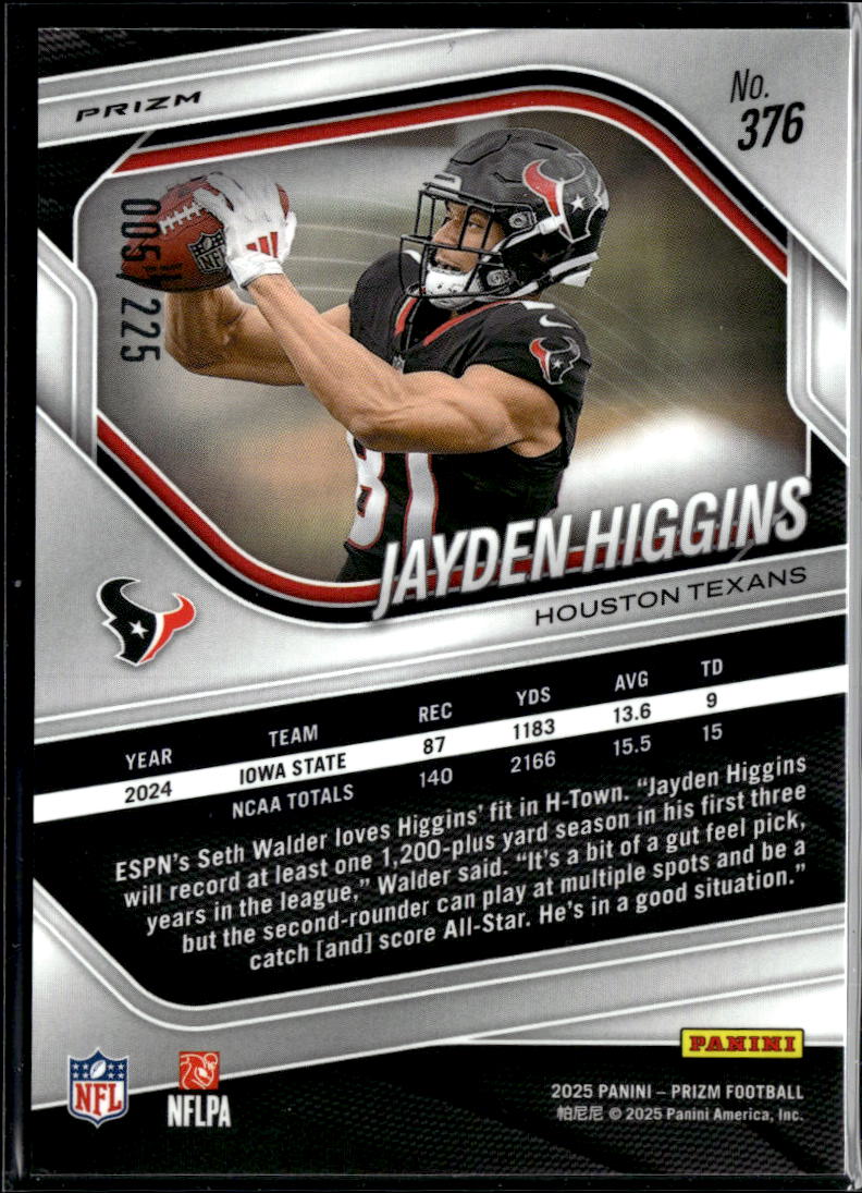 Jayden Higgins 2025 Prizm Purple Ice Prizm Rookie RC Texans 5/225
