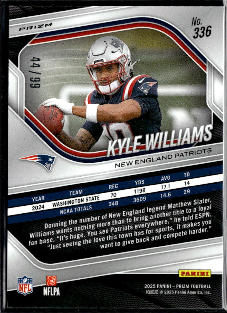 Kyle Williams 2025 Prizm No Huddle Red Disco Prizm 44/99 New England Patriots