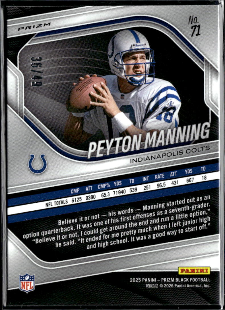 Peyton Manning 2025 Prizm Black Orange Prizm 36/49 Indianapolis Colts