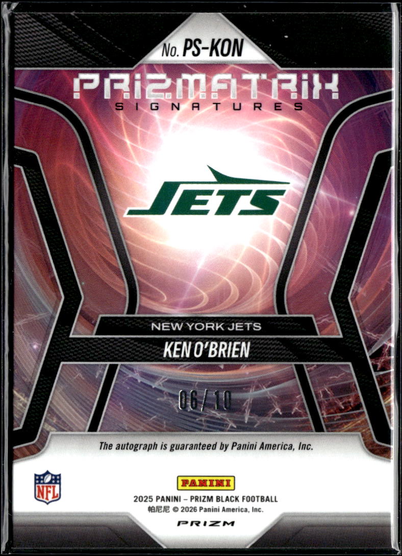 Ken O'Brien 2025 Prizm Black GOLD Auto Autograph 6/10 New York Jets