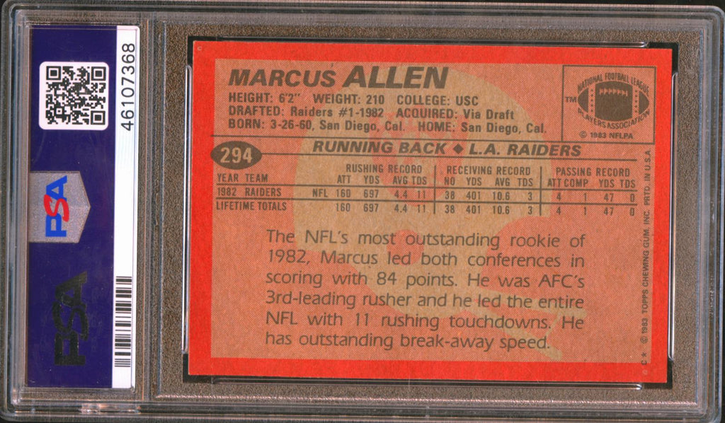 Marcus Allen 1983 Topps Auto Autograph Rookie Oakland Raiders #294 PSA 9 Auto 10