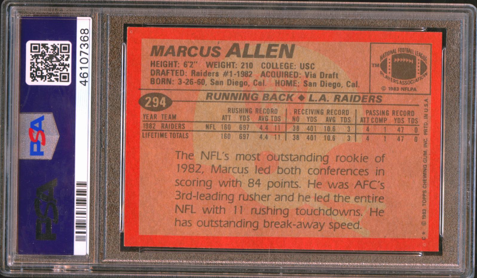 Marcus Allen 1983 Topps Auto Autograph Rookie Oakland Raiders #294 PSA 9 Auto 10