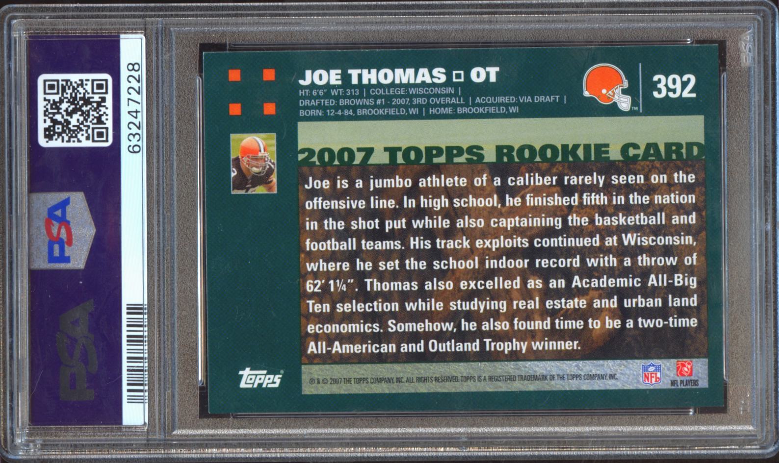 Joe Thomas 2007 Topps Auto Autograph Rookie RC Cleveland Browns PSA 9 Auto 10